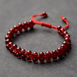 Natural 4mm Garnet Stone Beaded Anklet Red Gemstone Braided Bracelet Handmade
